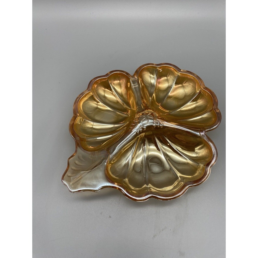 Vintage Iridescent Marigold Carnival Glass Three Leaf Clover Shape Dish 1950's‎
